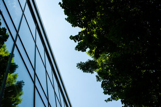  Futuristic city building with glass walls reflecting trees and sky, emphasizing harmony between architecture and nature in modern urban planning.