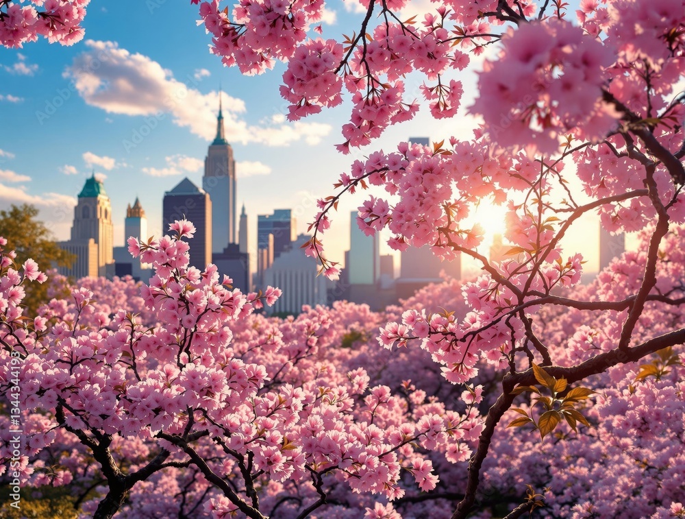 Poster a vivid portrayal of a cityscape with a skyline in the background, bathed in the soft glow of the se