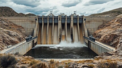 Massive concrete dam with powerful spillways releasing water. Hydroelectric power plant with gushing water in mountainous landscape