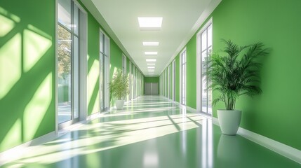 Fototapeta premium A bright hallway with green walls, large windows and decorative plants, perfect as a backdrop for interior design and corporate presentations.