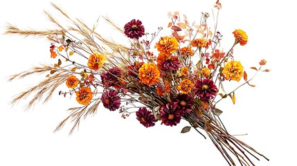 Autumn bouquet featuring flowers, grasses, and foliage on plain background for decoration