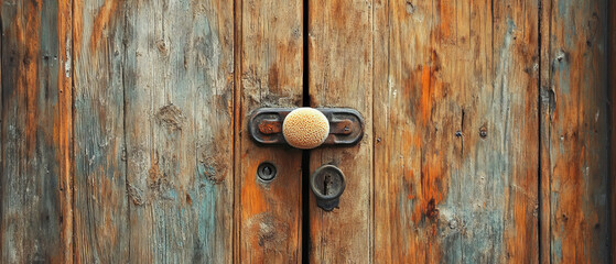 Fototapeta premium rustic wooden door with textured surface, featuring round knob and keyhole, evokes sense of history and charm. weathered wood displays various shades and patterns, adding character to entrance