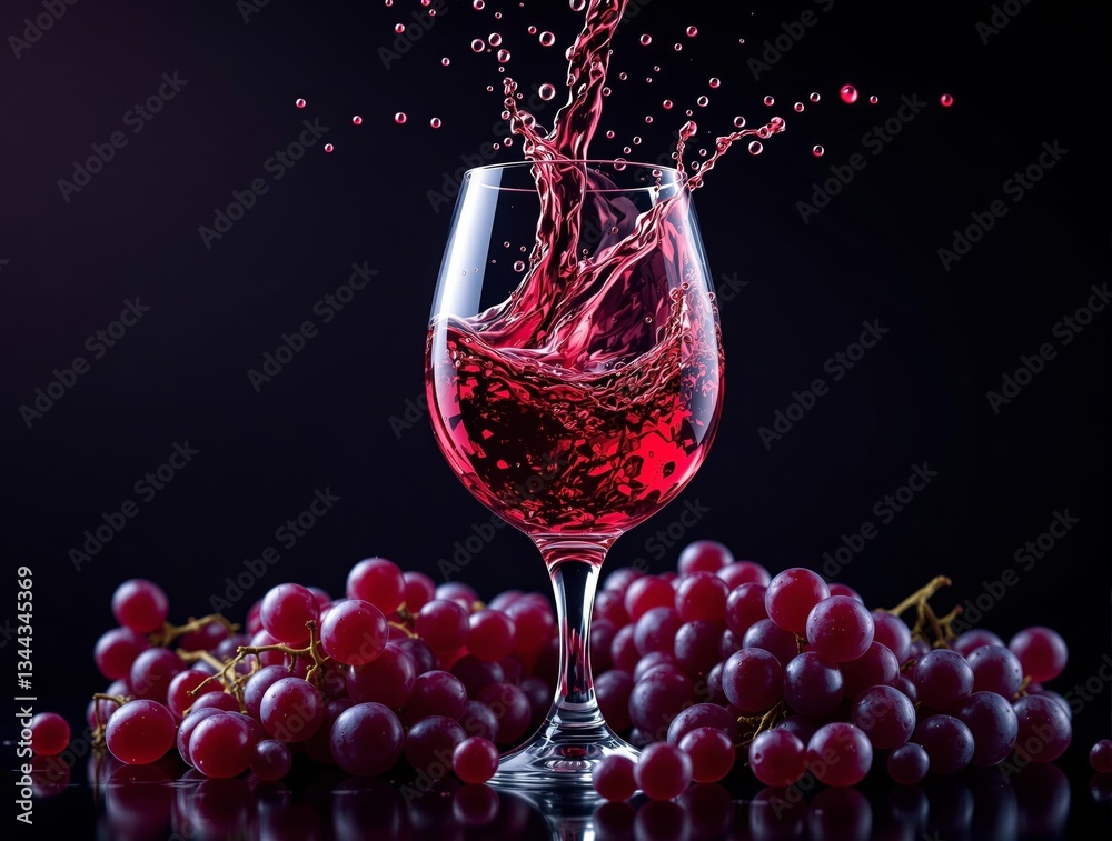 Poster a high-resolution photograph of a glass of red wine being poured into it, accompanied by a bunch of 