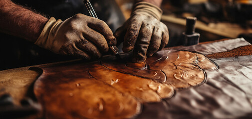 Craftsmanship in leatherwork showcases skilled hands meticulously tracing designs on piece of leather. warm tones and textures highlight artistry involved in this traditional craft