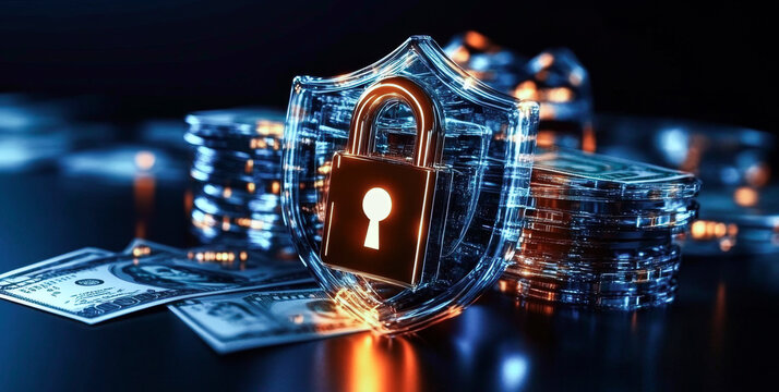 A transparent shield with a lock is positioned in front of stacks of currency. This depicts a focus on financial security, emphasizing privacy and protection in banking practices.