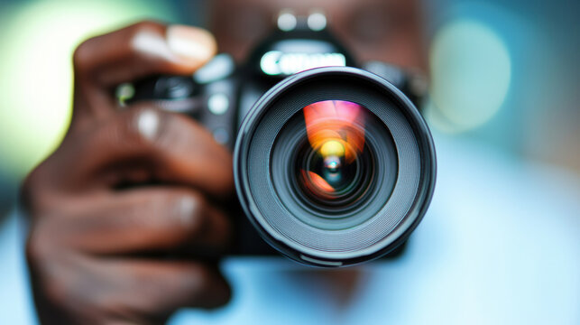 close up of hand holding camera, showcasing lens and capturing essence of photography with vibrant colors and depth