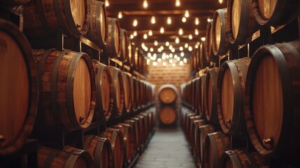 Wine cellar with wooden barrels, illuminated by warm light. Perfect for materials about winemaking, gastronomy and wine culture.