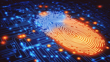 Abstract Fingerprint on Futuristic Circuit Board Digital Biometric Security Technology Concept