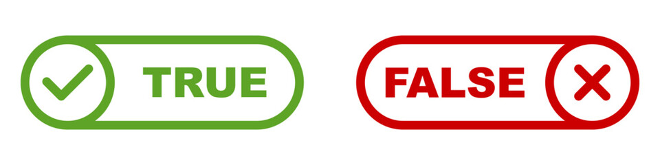 True false labels. Green check says true. Red x says false. Agree disagree choice. Right wrong mark. Quiz answer symbol. Test result icons.