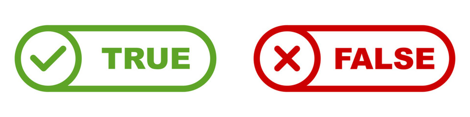 True false labels. Green check says true. Red x says false. Agree disagree choice. Right wrong mark. Quiz answer symbol. Test result icons.