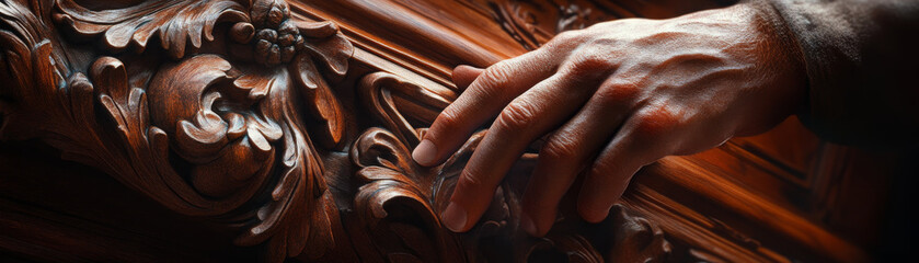 close up of carpenter hand delicately touching intricately carved wood, showcasing craftsmanship and attention to detail. warm tones of wood highlight artistry involved in woodworking