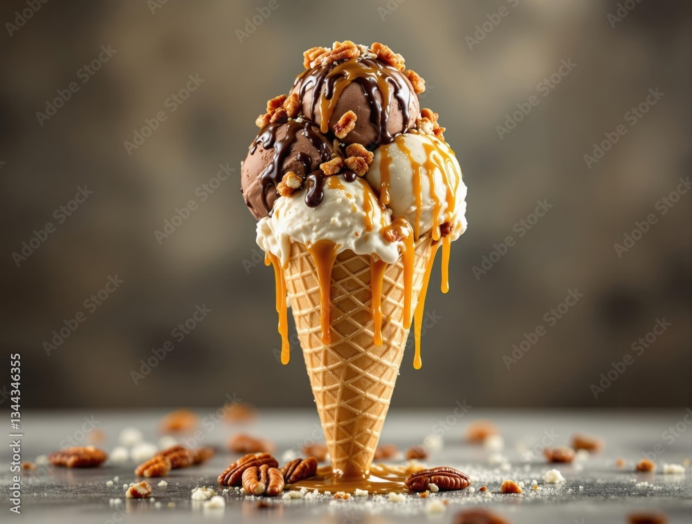 Poster a close-up of an ice cream cone filled with a variety of toppings, including chocolate and caramel, 