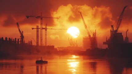 Industrial landscape with cranes at sunset, great for feature articles about industry and city life