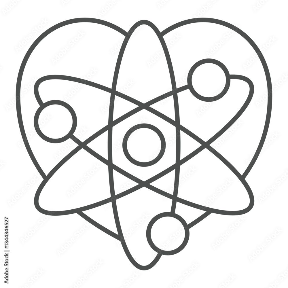 Poster heart shape with atom structure thin line icon, laboratory experiment concept. vector graphics. chem