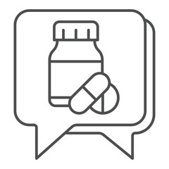 Speech bubble with medicine thin line icon, clinical research concept. Vector graphics. Plastic bottle with capsule, pill sign on white background, outline style icon for mobile or web design.