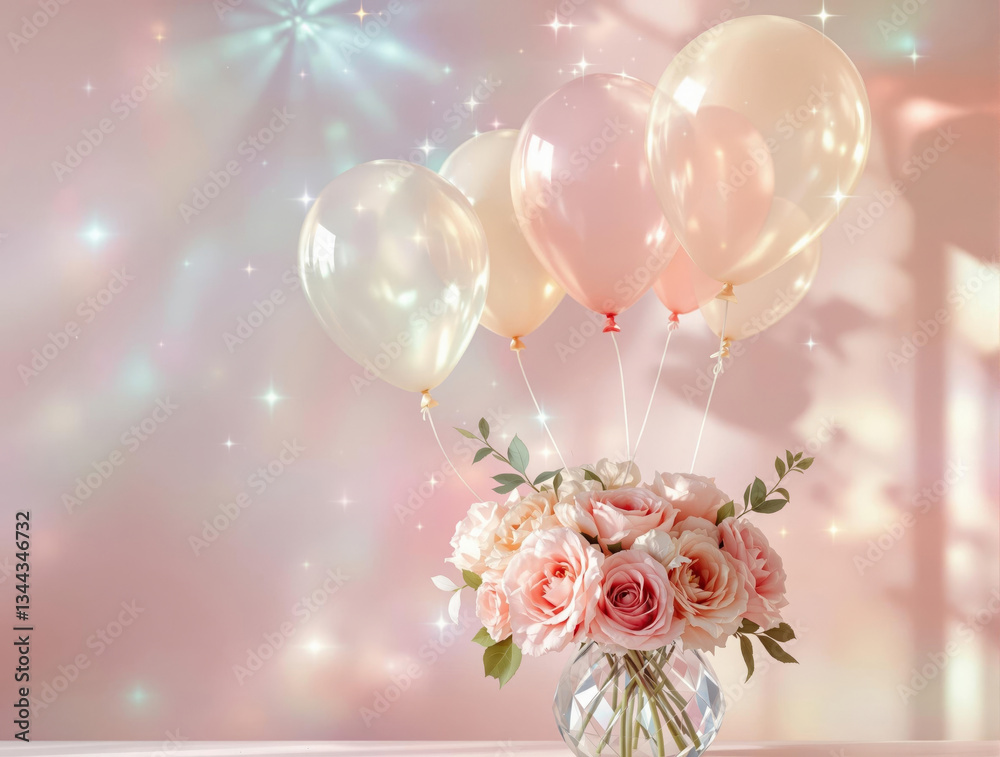 Poster a bouquet of flowers in a clear vase, accompanied by balloons, set against a backdrop of twinkling l