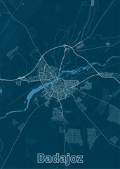 The image showcases a detailed map of the city of Badajoz, Spain. The map is rendered in a minimalist style with white lines representing roads and streets against a deep blue background.