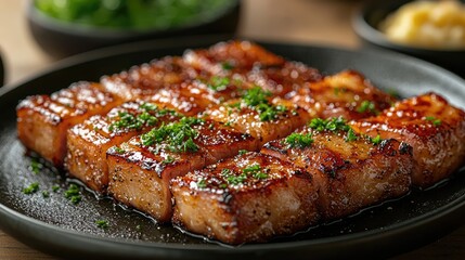 Grilled pork belly slices garnished with herbs on a black plate, served with sides