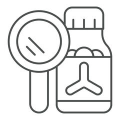 Vial bottle with magnifier thin line icon, clinical research concept. Vector graphics. Laboratory experiment test jar sign on white background, outline style icon for mobile or web design.