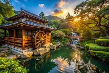 Obraz premium Serene Nan Lian Garden: Chinese Cottage & Waterwheel in Hong Kong
