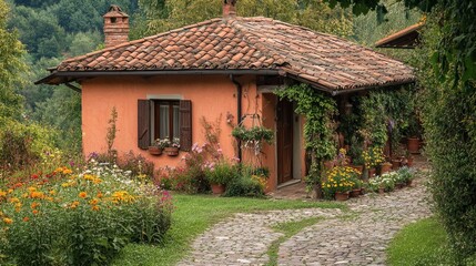 A peaceful rural cottage with Mocha Mousse colored walls and a terracotta roof, colorful wildflowers and a pathway