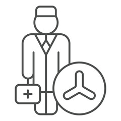 Doctor man with briefcase thin line icon, clinical research concept. Vector graphics. Laboratory test scientist person sign on white background, outline style icon for mobile or web design.