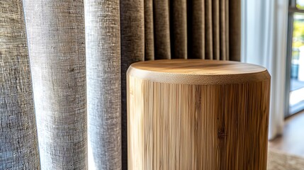 Wooden stool stands near curtains in a sunny room. Interior design element