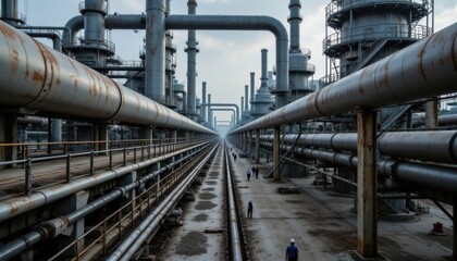 The refinery hums with activity as large pipes transport raw materials from one end to the other