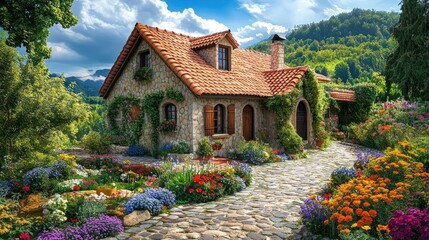 Naklejka premium A peaceful rural cottage with Mocha Mousse colored walls and a terracotta roof, colorful wildflowers and a pathway