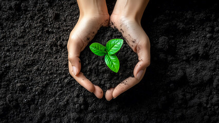 Top view of hands holding soil with a young plant. A symbol of growth and environmental protection.