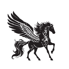 Black and White Stylized Pegasus Unicorn Illustration – Majestic and Fantasy Winged Horse Vector