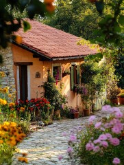Fototapeta premium A peaceful rural cottage with Mocha Mousse colored walls and a terracotta roof, colorful wildflowers and a pathway
