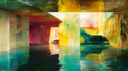 Abstract room with stairs and water reflections. Interior design concept