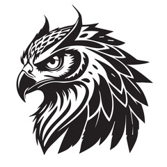 Black and White Stylized Owl Head Illustration – Fierce and Detailed Vector Design