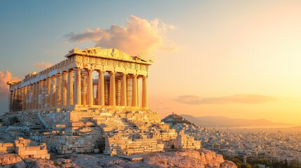 Obraz premium Captivating Sunset Over the Majestic Parthenon Athens Panoramic Architectural Beauty in Scenic Environment