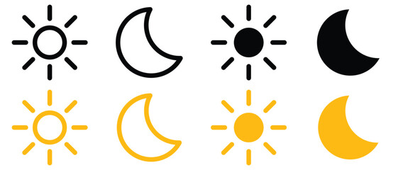 Sun moon vector icon set, day and night sign, dark and light mode icons, Screen brightness and contrast level signs and symbols for app user interface and web elements. vector illustration.
