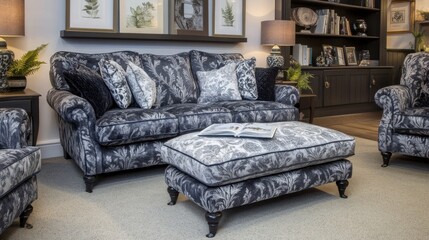 Fototapeta premium Stylish gray floral sofa & ottoman in a cozy living room with bookshelves