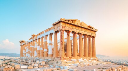 Naklejka premium Explore Majestic Erechtheion Temple at Sunset Acropolis Ancient Ruins Panoramic View Greek Heritage
