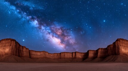 Obraz premium Starlit Desert Landscape Majestic Night Sky Over Arid Terrain Panoramic View Tranquil Atmosphere Celestial Wonder