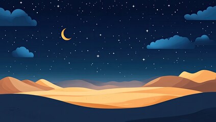 Night desert landscape with stars and crescent moon