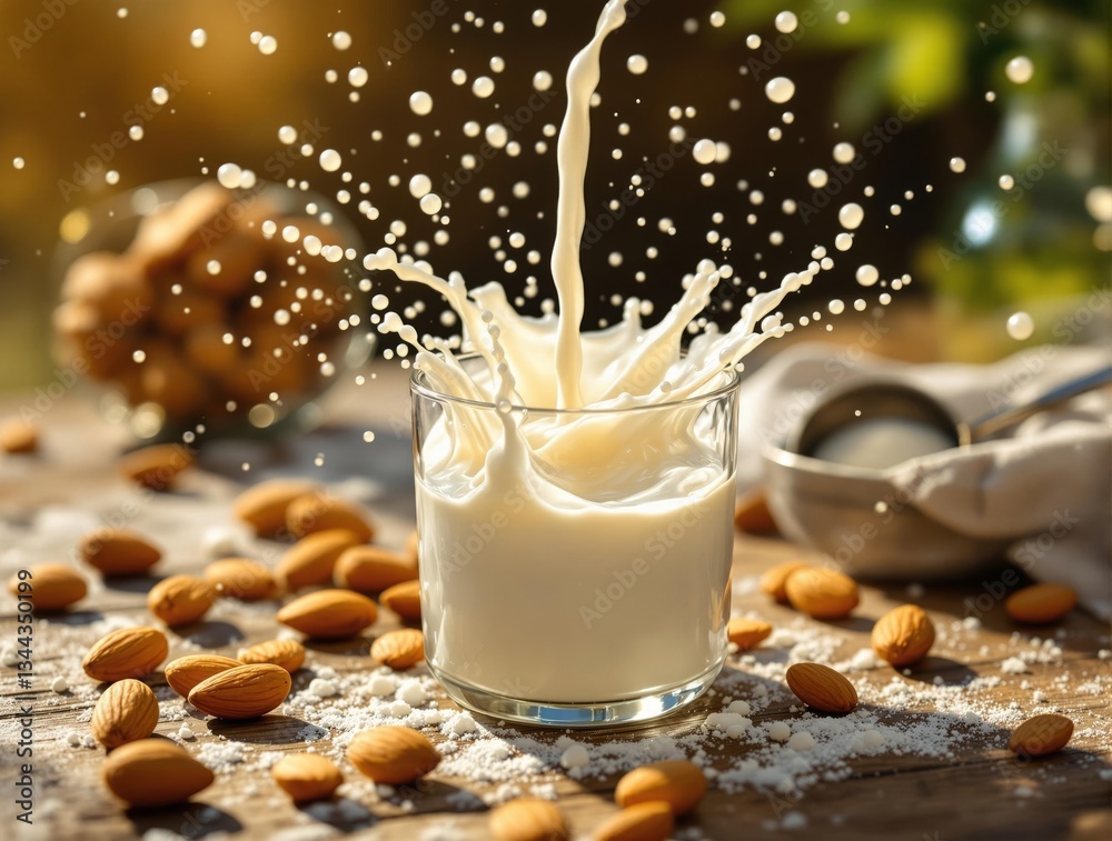 Poster a glass of almond milk being poured, with almonds scattered on a wooden surface. the milk is in moti