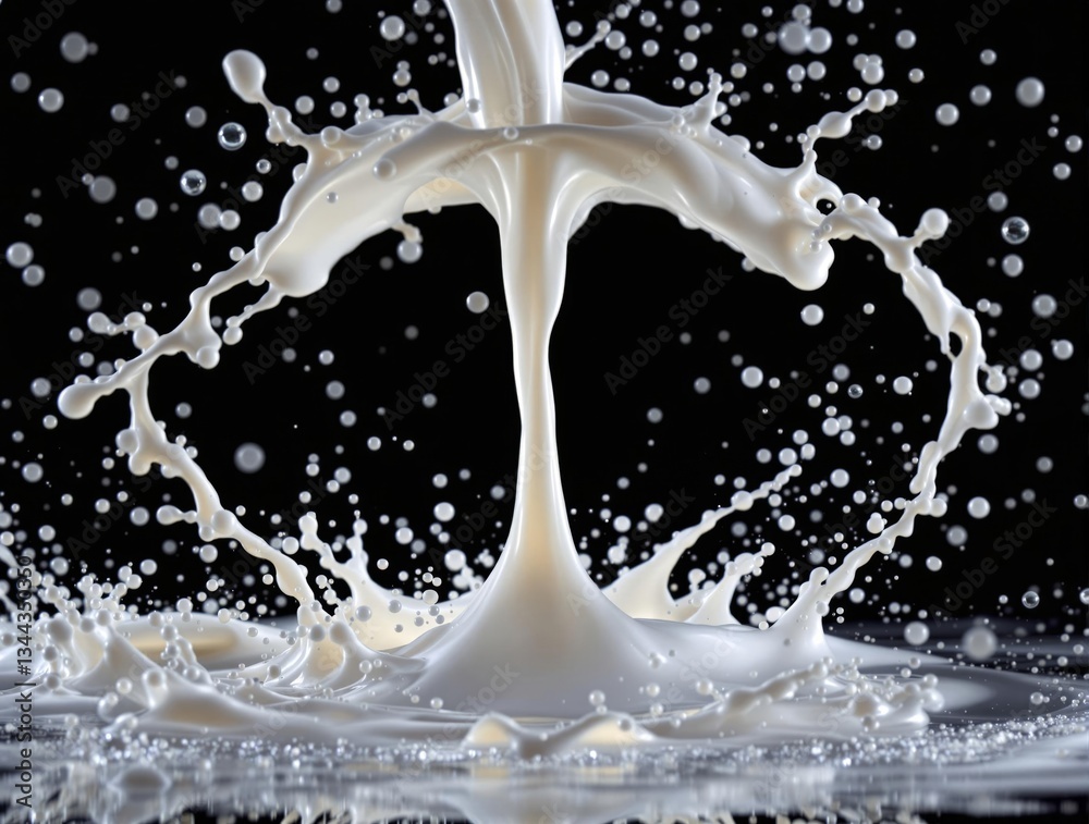 Poster a high-resolution, close-up shot of a white liquid, likely milk, captured in a dynamic splash agains