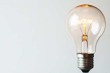 Glowing incandescent light bulb against a white background, symbolizing ideas and innovation.