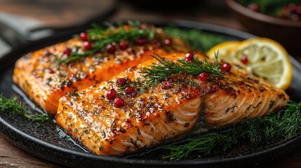 Deliciously grilled salmon fillets garnished with herbs and lemon slices
