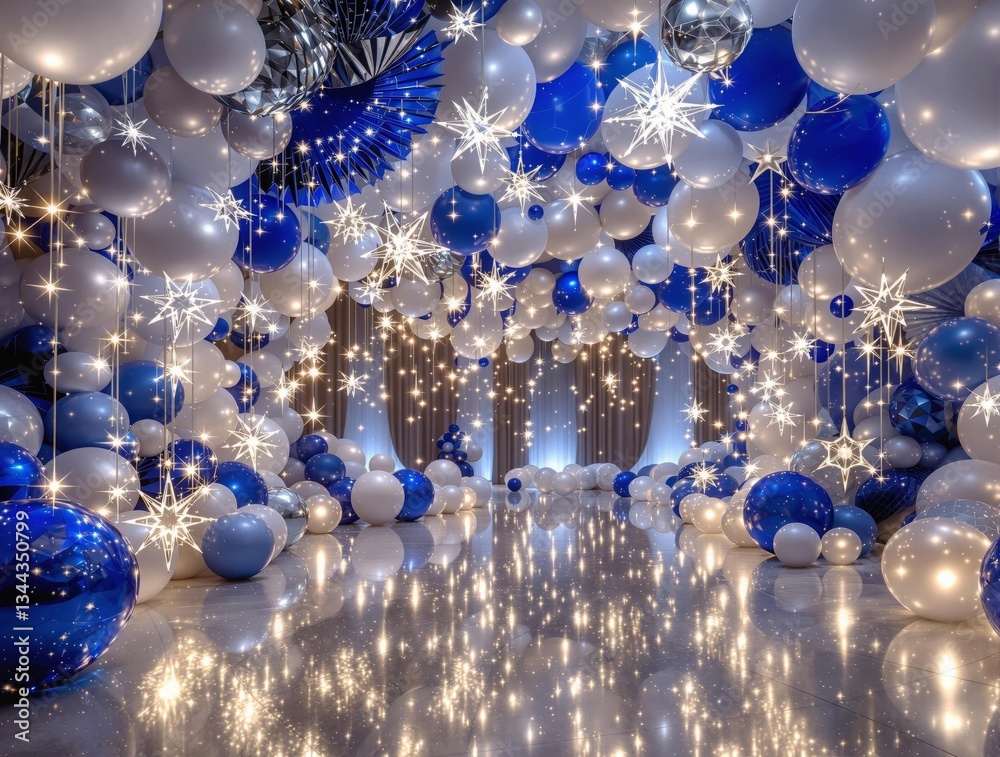 Poster a vibrant and festive scene, featuring a multitude of blue and white balloons and twinkling lights, 