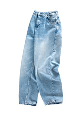 Fashion trendy female male blue jeans isolated, moving flying clothes, denim pants cutout, stylish...
