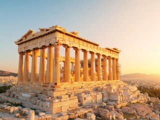 Obraz premium Witness the Majestic Parthenon at Sunset Athens Ancient Architectural Marvel Panoramic View Timeless Beauty Unveiled