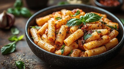 Delicious bowl of rigatoni pasta with herbs and spices on rustic table