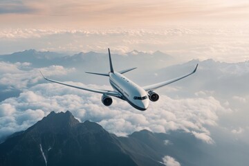 Obraz premium A sleek airplane soars above rugged mountains, navigating through a vast expanse of clouds under a soft, golden sky.