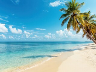A serene beach scene featuring golden sand, turquoise waters, and palm trees under a bright blue sky, perfect for relaxation and escape.